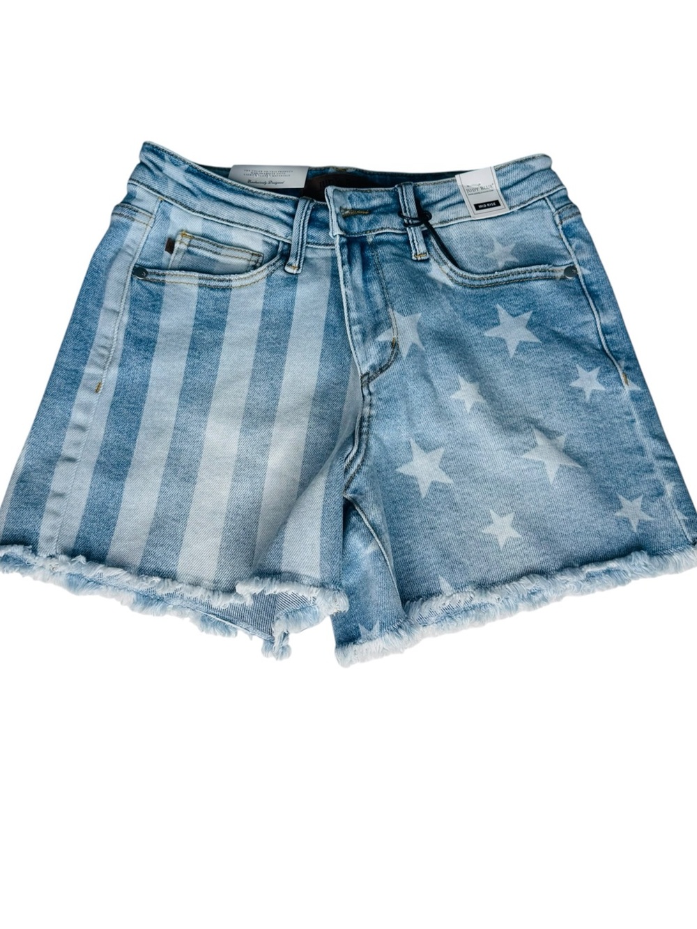 Judy Blue Light Blue Flag-Print Mid-Rise Denim Shorts Fray Hem Style. Small NWT